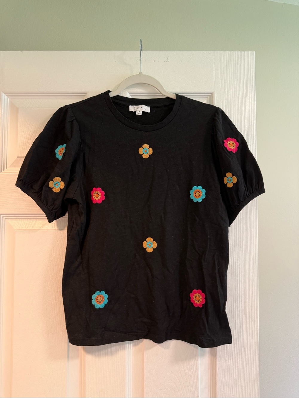 THML Black Short Sleeve Tee with Multicolor Floral Embroidery